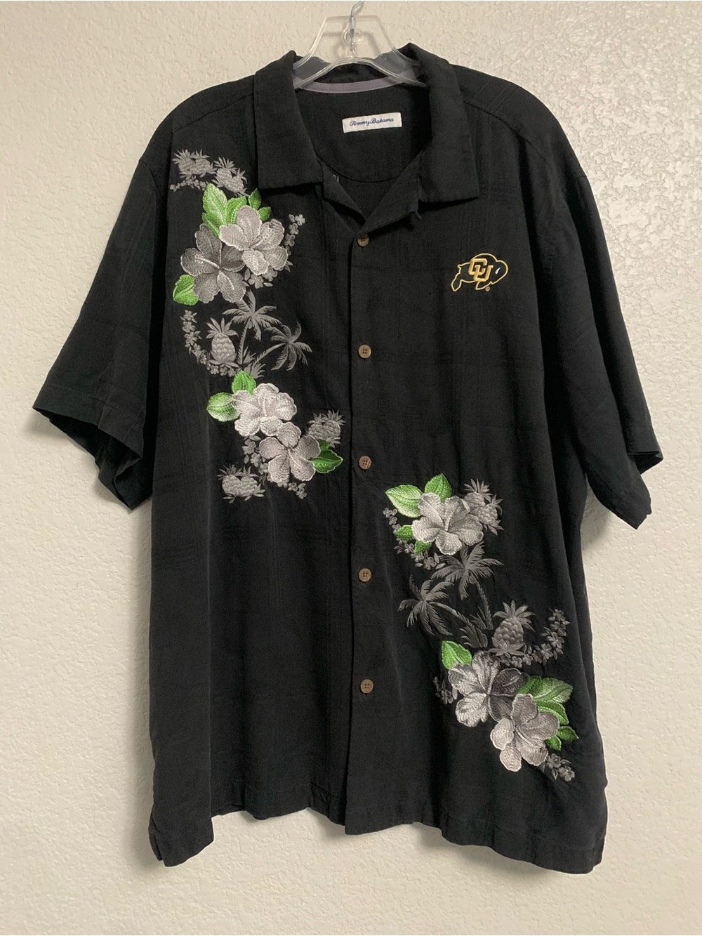 Tommy Bahama CU Buffs Hawaiian Shirt Mens XL Embroidered Silk Floral Black